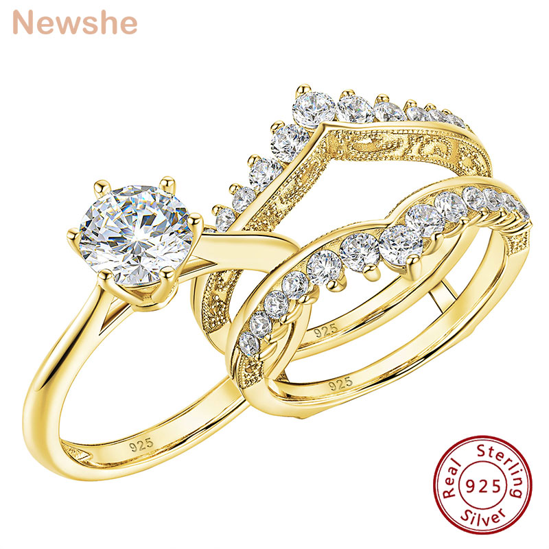 Moissanite Engagement Ring 1 Carat - Newshe Set Cincin Pengantin Berlapis Emas