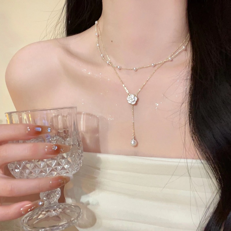 Layered Pendant Necklace Aesthetic - Kalung Liontin Bunga Camellia Lapis Dua