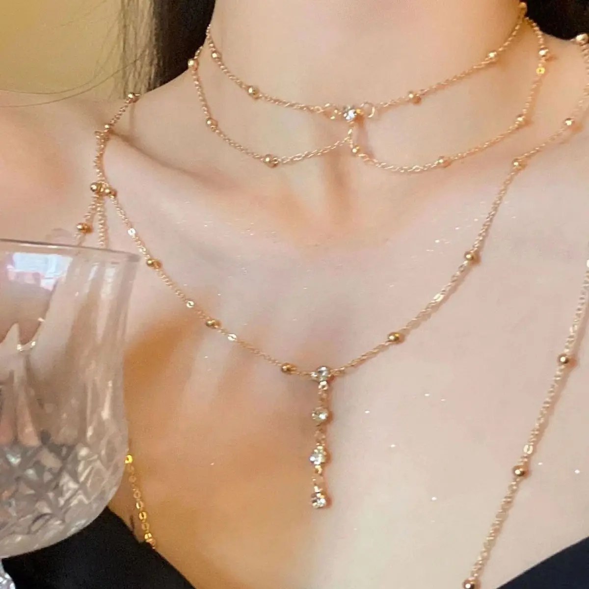 Layered Pendant Necklace Aesthetic - Estetika Multi-layer berkilau berlian imitasi rantai