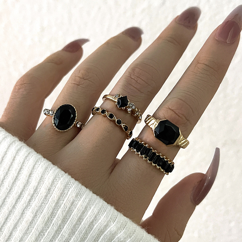 Set Cincin Batu Kristal Hitam  - Vintage Punk Knuckle Rings Set ulasan dan harga